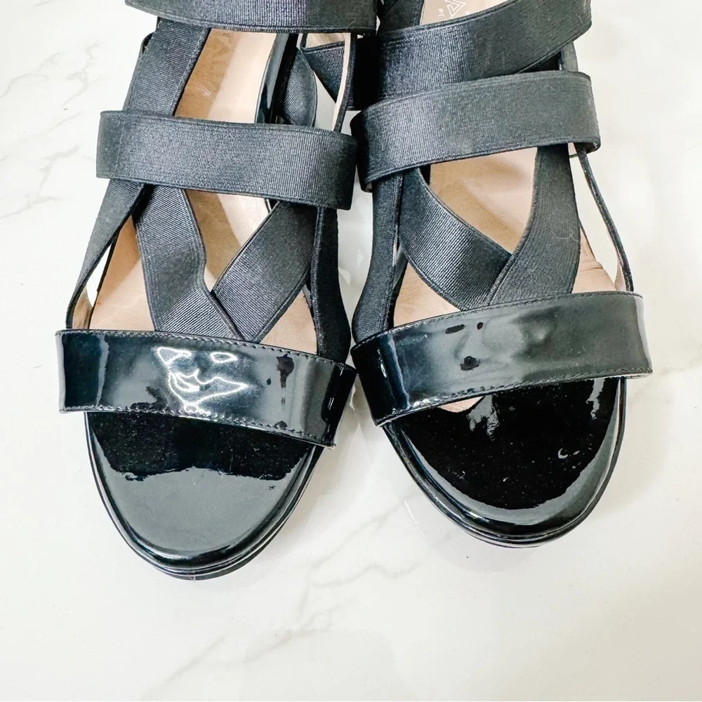 AQUATALIA Black Patent Leather Elastic Strap Wedge Sandals Size 6